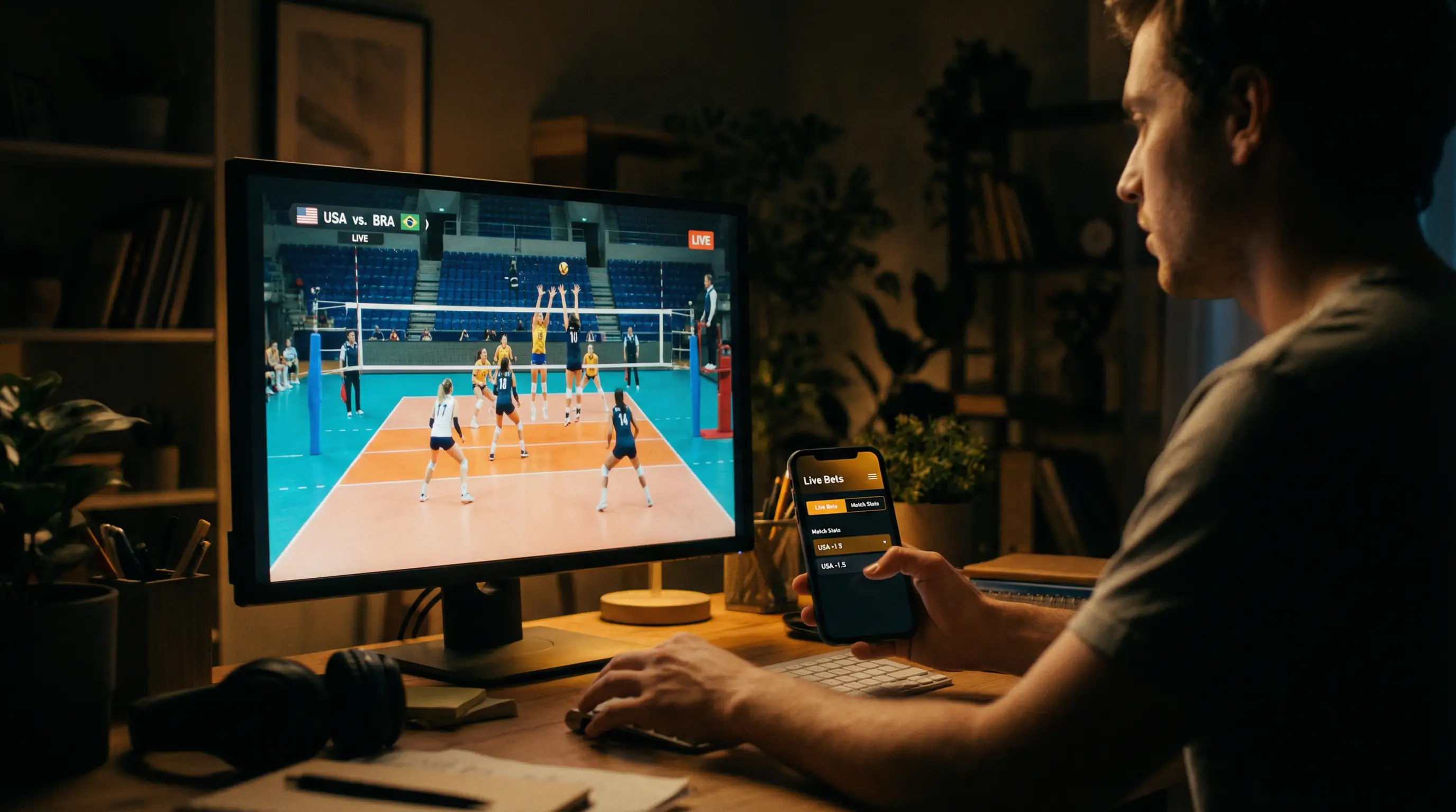 Apostas ao vivo num jogo de voleibol com streaming e dados em tempo real