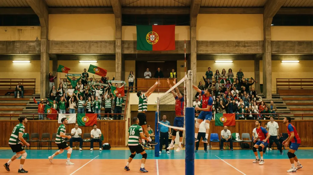 Jogo do campeonato nacional de voleibol de Portugal em pavilhão