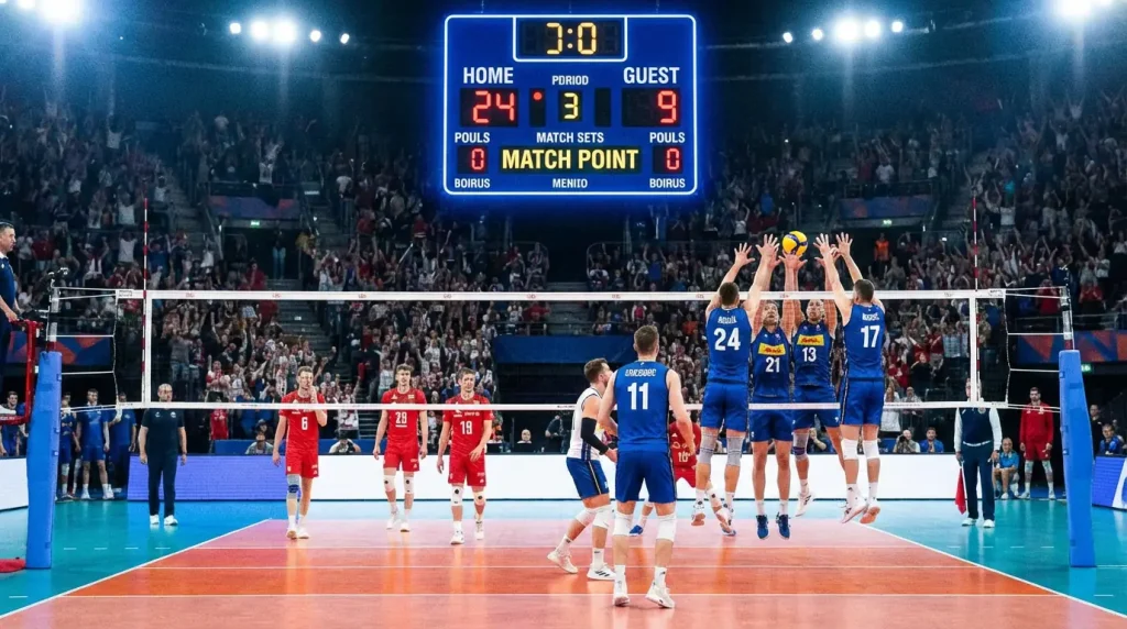 Jogo de voleibol com marcador eletrónico mostrando diferença de sets