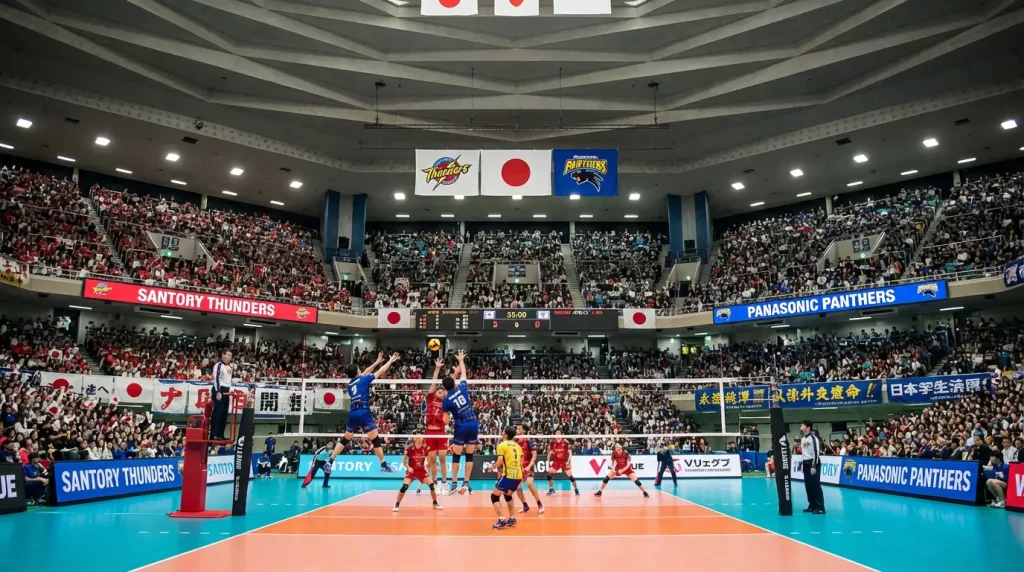 Jogo de voleibol da V.League japonesa com pavilhão e adeptos