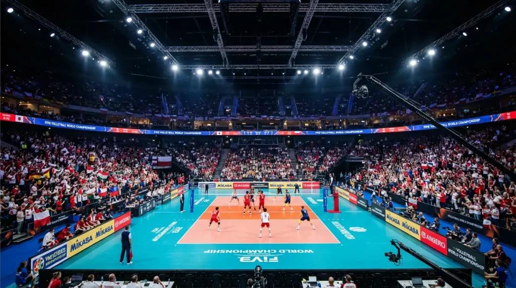 Jogo da Nations League de voleibol com seleções nacionais em pavilhão
