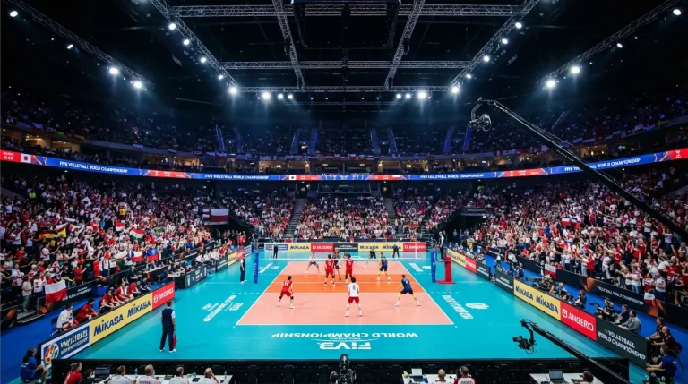Jogo da Nations League de voleibol com seleções nacionais em pavilhão