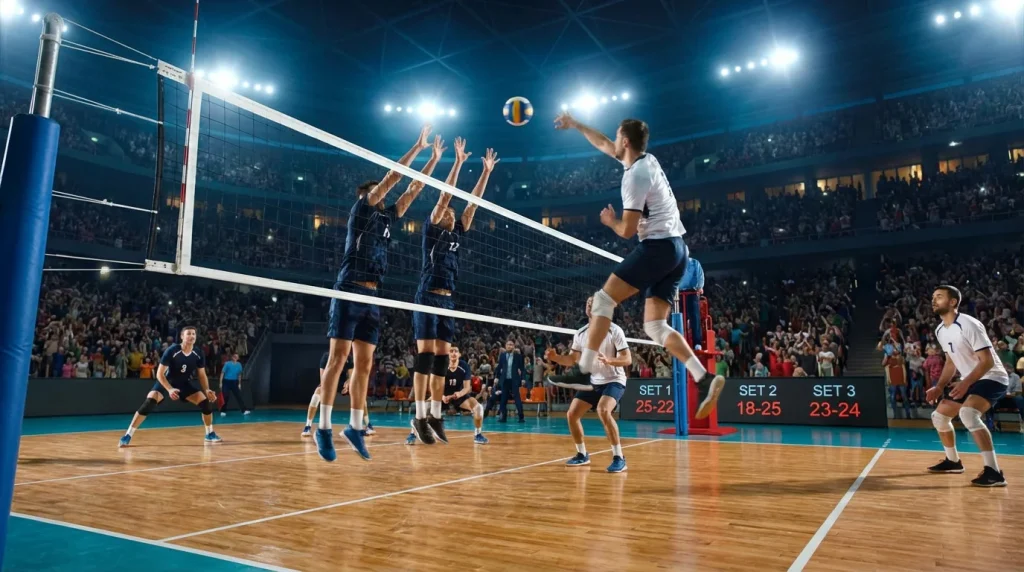 Apostas ao vivo no voleibol - jogo de voleibol em curso com marcador eletronico num pavilhao iluminado
