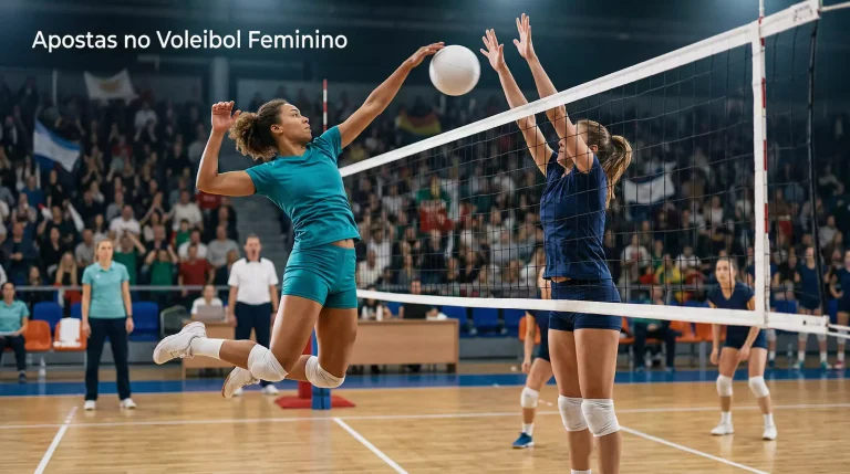 Jogo de voleibol feminino com jogadoras em ação junto à rede