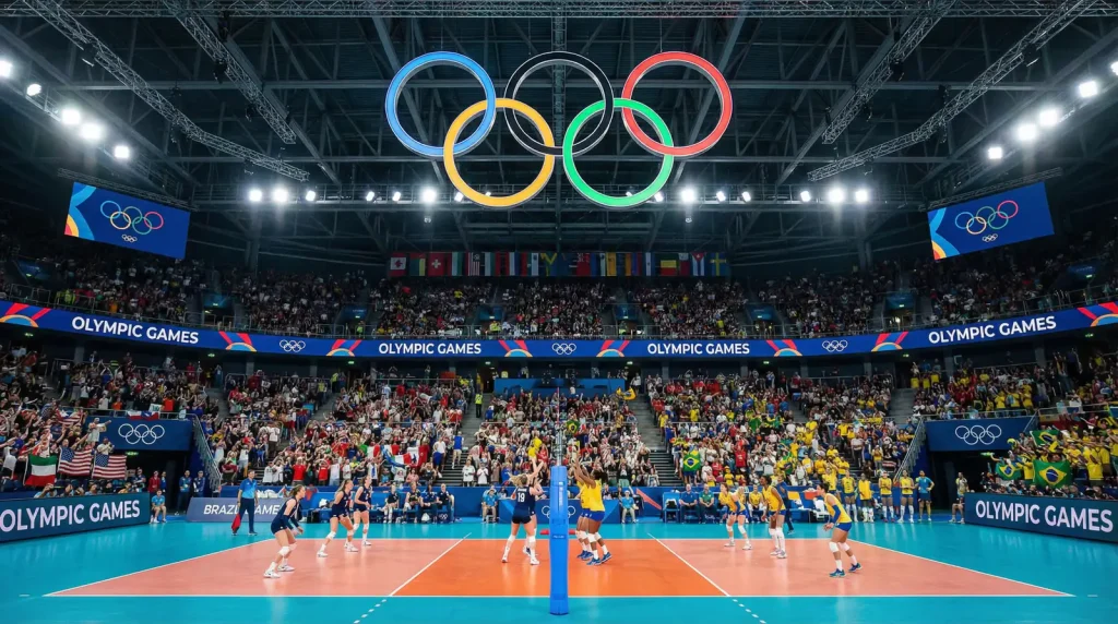 Jogo de voleibol nos Jogos Olímpicos com bandeiras nacionais no pavilhão