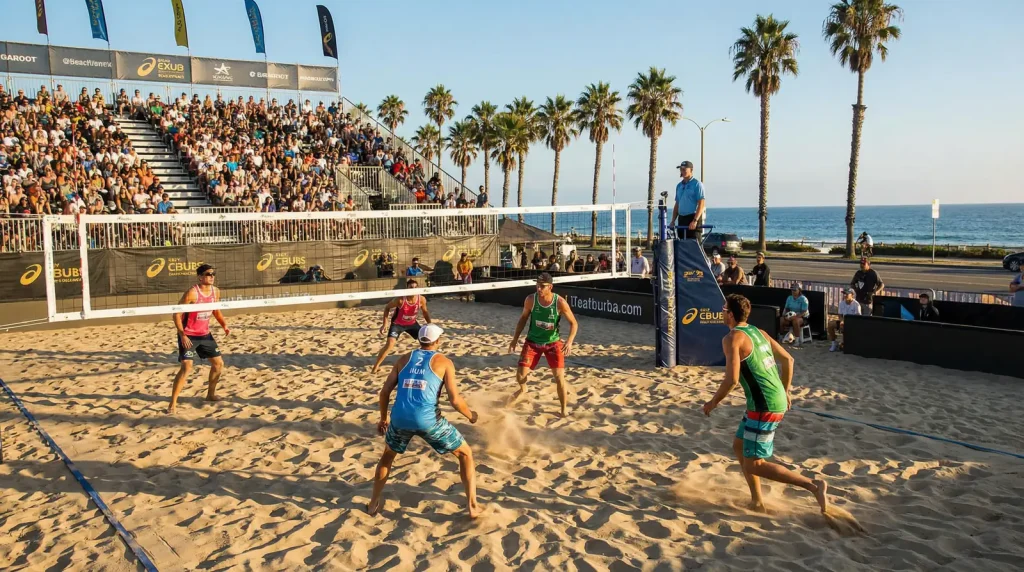 Jogo de voleibol de praia numa arena ao ar livre com areia e rede