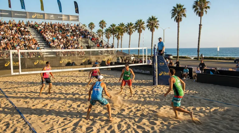 Jogo de voleibol de praia numa arena ao ar livre com areia e rede