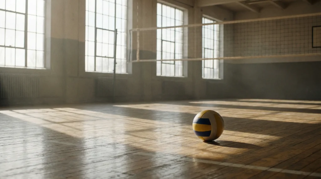 Bola de voleibol em repouso num pavilhão vazio e tranquilo