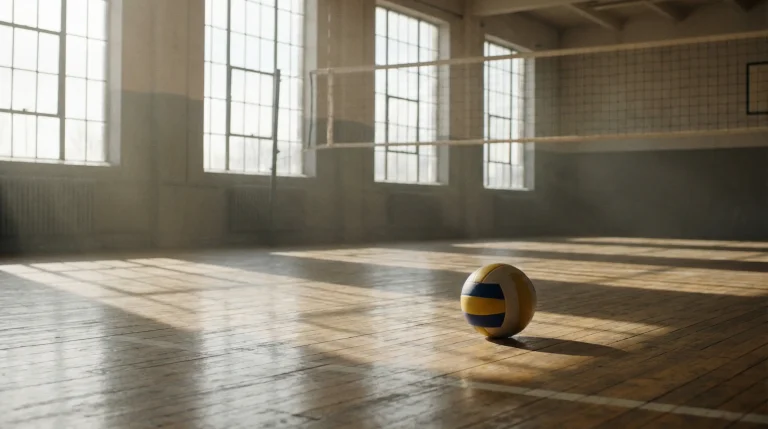 Bola de voleibol em repouso num pavilhão vazio e tranquilo