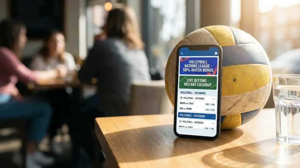 Ecrã de plataforma de apostas com promoções de voleibol