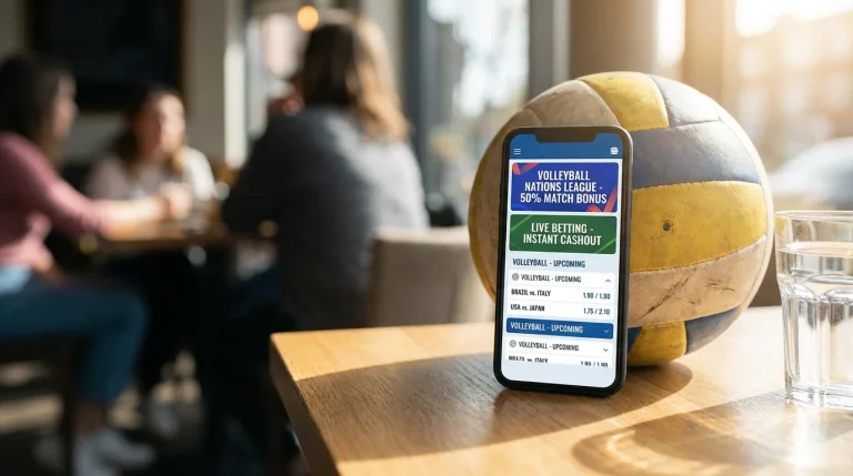 Ecrã de plataforma de apostas com promoções de voleibol