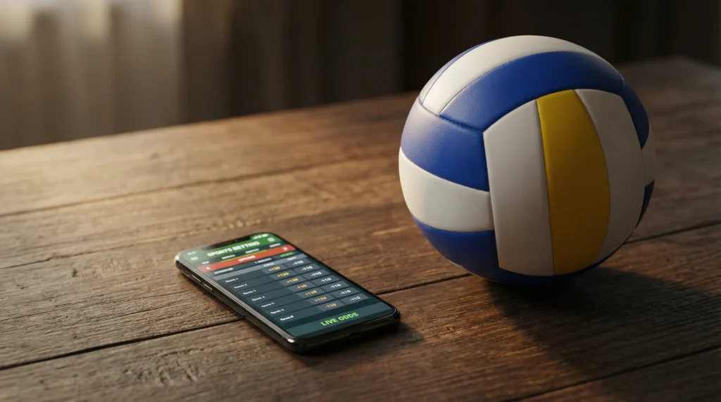 Casas de apostas de voleibol em Portugal - telemovel com ecra de apostas desportivas junto a uma bola de voleibol