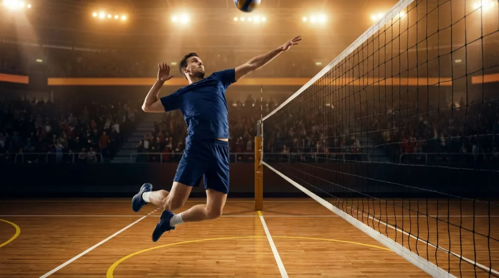 Como apostar em voleibol - jogador de voleibol a rematar junto a rede num pavilhao desportivo