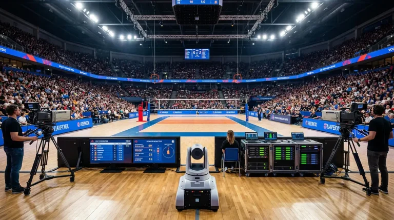Pavilhão de voleibol com câmaras e tecnologia de recolha de dados