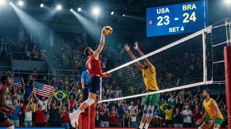Jogo de voleibol ao vivo com marcador eletrónico e público nas bancadas