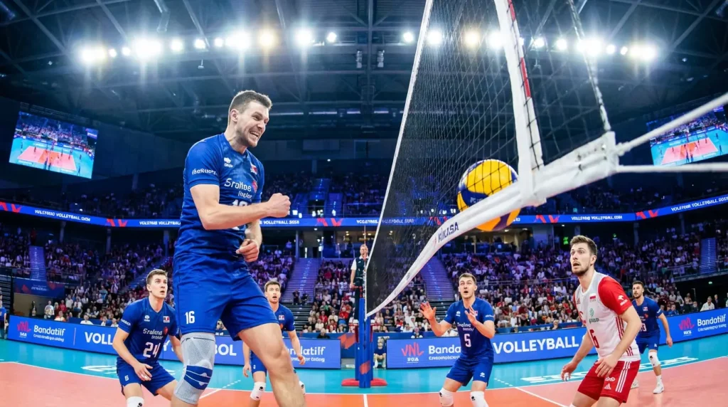 Jogador de voleibol a falhar um ataque junto à rede