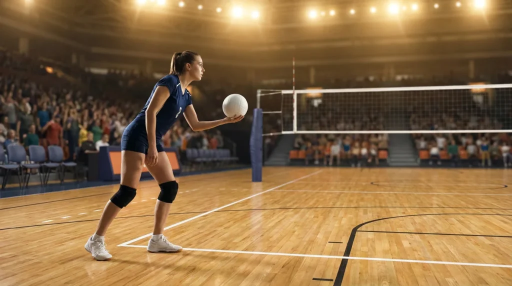 Estrategias de apostas no voleibol - jogadora de voleibol a preparar o servico num pavilhao profissional