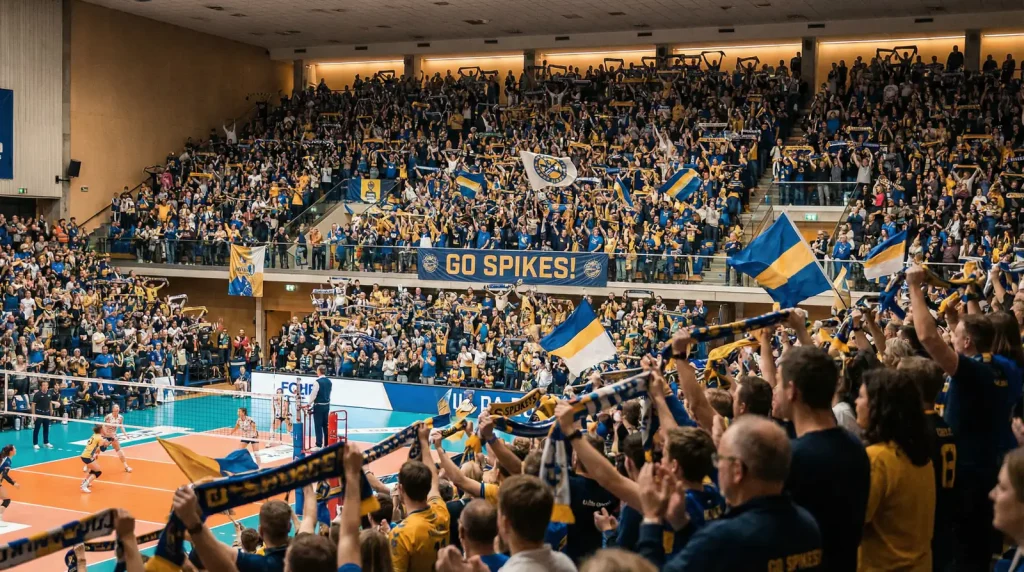 Pavilhão de voleibol com adeptos da equipa da casa nas bancadas