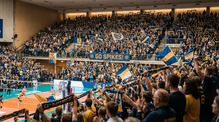 Pavilhão de voleibol com adeptos da equipa da casa nas bancadas