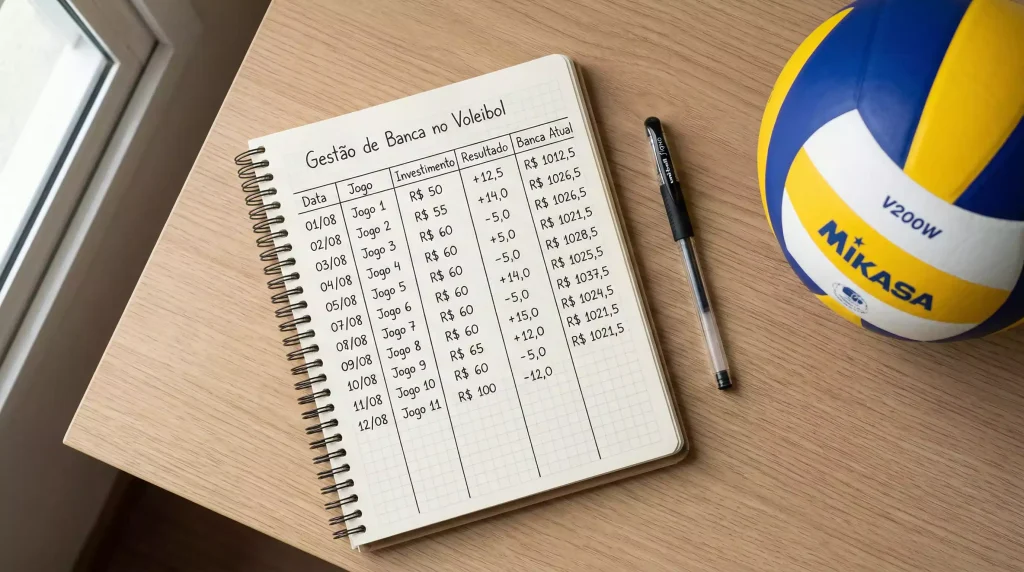 Registo organizado de apostas de voleibol com controlo de banca