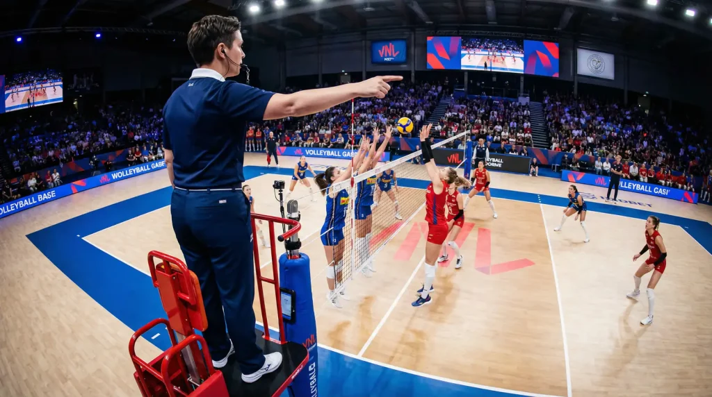 Árbitro de voleibol a supervisionar jogo oficial com rede e bola
