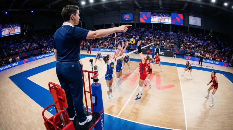Árbitro de voleibol a supervisionar jogo oficial com rede e bola