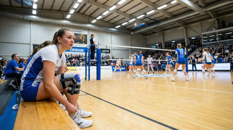 Jogador de voleibol no banco de suplentes com equipa médica