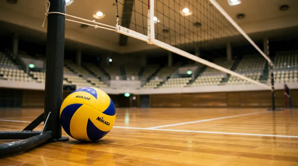 Mercados de apostas no voleibol - bola de voleibol pousada no campo junto a rede com pavilhao ao fundo