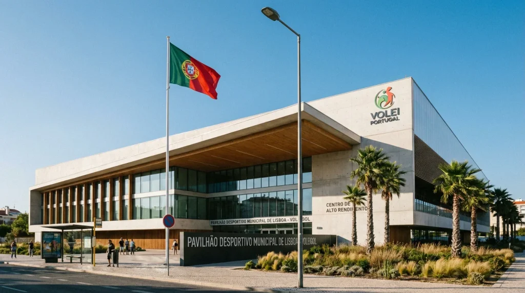 Pavilhão de voleibol em Portugal com bandeira portuguesa