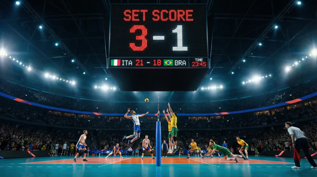 Marcador de voleibol com resultado de sets num pavilhão desportivo