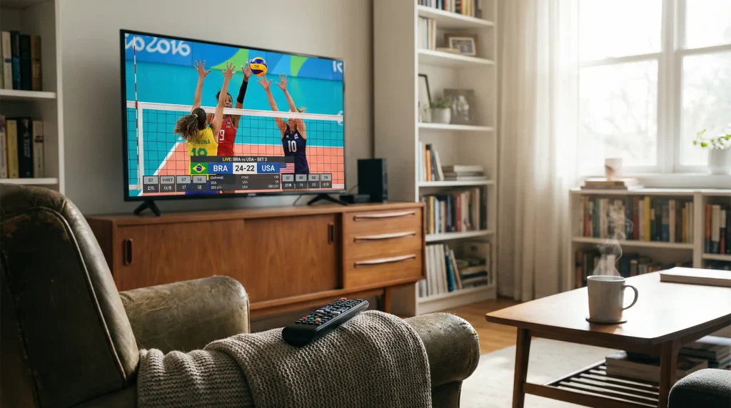 Transmissão ao vivo de jogo de voleibol com dados estatísticos no ecrã