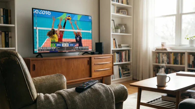 Transmissão ao vivo de jogo de voleibol com dados estatísticos no ecrã