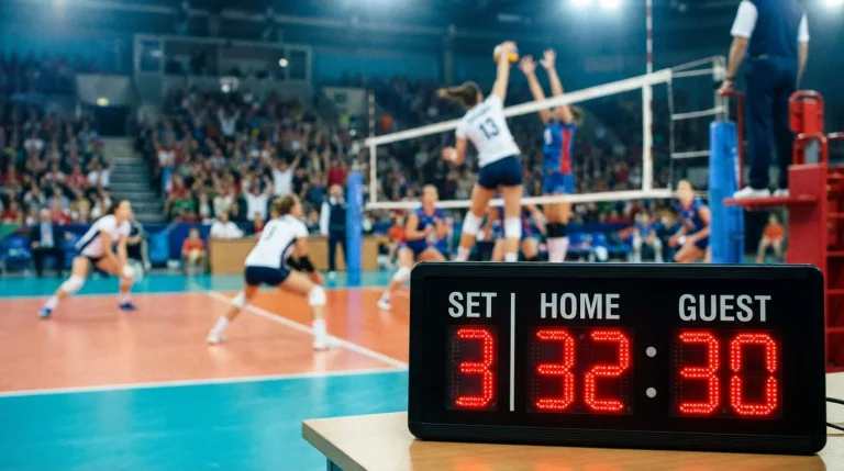 Marcador de voleibol com pontuação elevada durante jogo competitivo